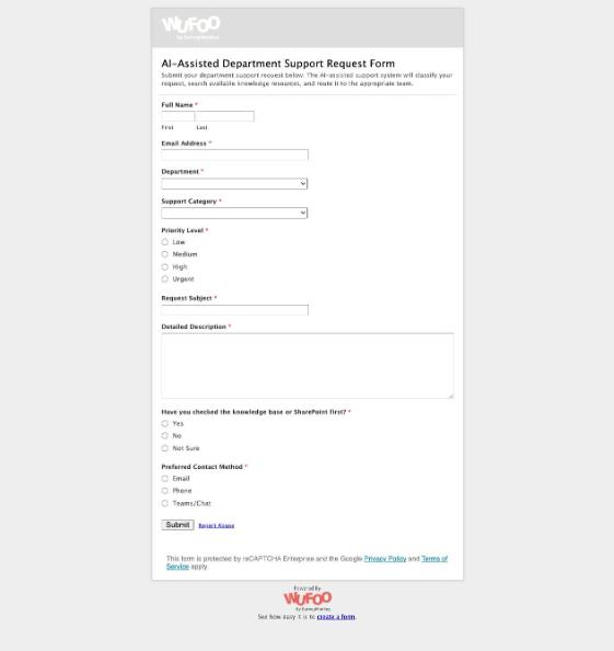 Screenshot of the completed AI-Assisted Department Support Request Form with requester details, department, request category, priority, subject, description, knowledge-base check, and preferred-contact fields.